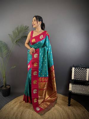 turquoise silk blend butti zari weaving contrast weaving border banarasi saree 1