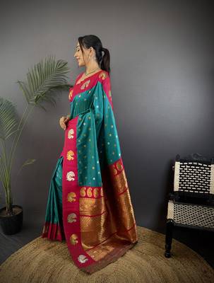 turquoise silk blend butti zari weaving contrast weaving border banarasi saree 2