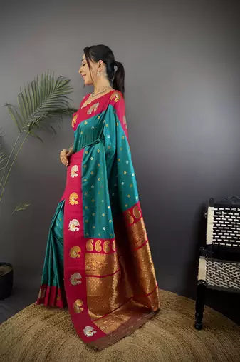 turquoise silk blend butti zari weaving contrast weaving border banarasi saree