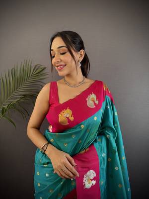 turquoise silk blend butti zari weaving contrast weaving border banarasi saree 3