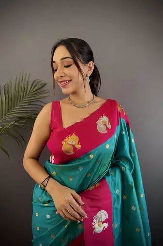 turquoise silk blend butti zari weaving contrast weaving border banarasi saree