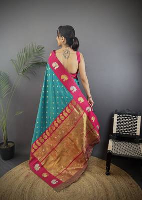 turquoise silk blend butti zari weaving contrast weaving border banarasi saree 4