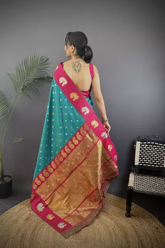 turquoise silk blend butti zari weaving contrast weaving border banarasi saree