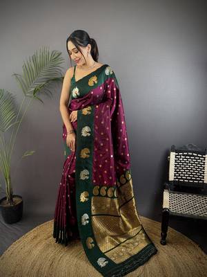 maroon silk blend butti zari weaving contrast weaving border banarasi saree 1