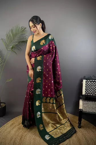 maroon silk blend butti zari weaving contrast weaving border banarasi saree