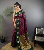 maroon silk blend butti zari weaving contrast weaving border banarasi saree