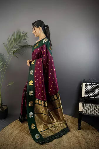 maroon silk blend butti zari weaving contrast weaving border banarasi saree