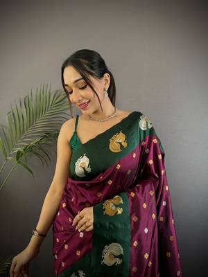 maroon silk blend butti zari weaving contrast weaving border banarasi saree 3