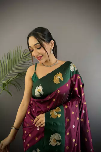 maroon silk blend butti zari weaving contrast weaving border banarasi saree