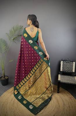 maroon silk blend butti zari weaving contrast weaving border banarasi saree 4