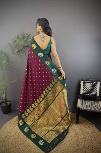 maroon silk blend butti zari weaving contrast weaving border banarasi saree