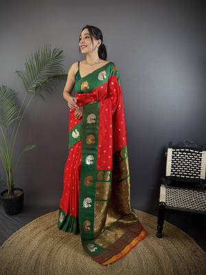 red silk blend butti zari weaving contrast weaving border banarasi saree 1