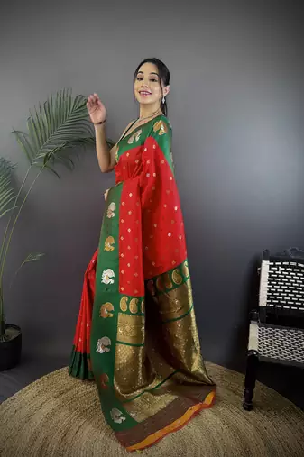 red silk blend butti zari weaving contrast weaving border banarasi saree