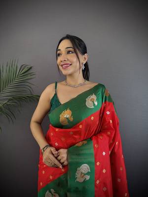 red silk blend butti zari weaving contrast weaving border banarasi saree 3