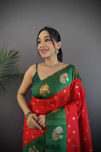 red silk blend butti zari weaving contrast weaving border banarasi saree