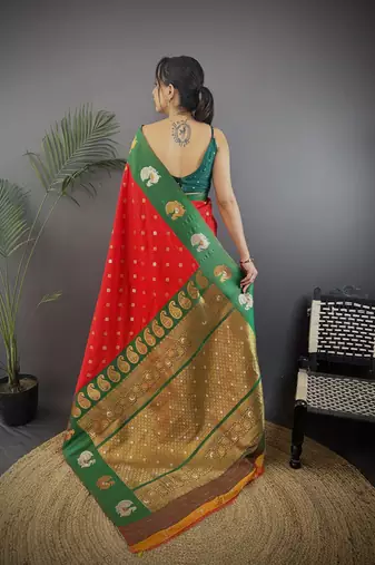 red silk blend butti zari weaving contrast weaving border banarasi saree