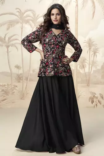 Black embroidered chinon palazzo salwar suit