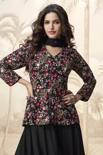Black embroidered chinon palazzo salwar suit