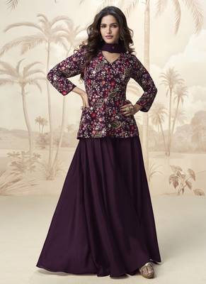 Purple embroidered chinon palazzo salwar suit 1