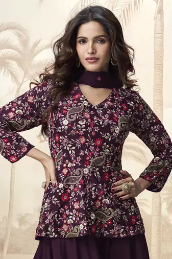Purple embroidered chinon palazzo salwar suit
