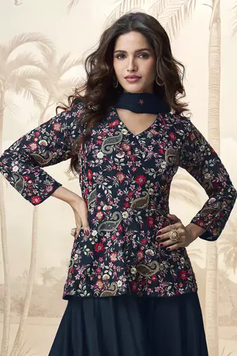Blue embroidered chinon palazzo salwar suit