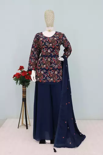 Blue embroidered chinon palazzo salwar suit