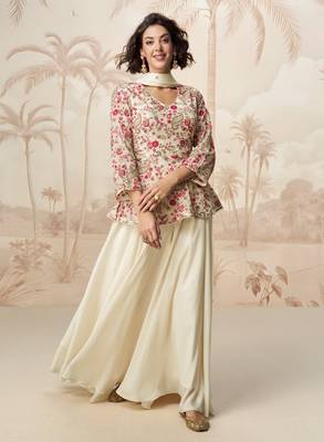 White embroidered chinon palazzo salwar suit 1