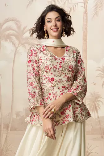 White embroidered chinon palazzo salwar suit