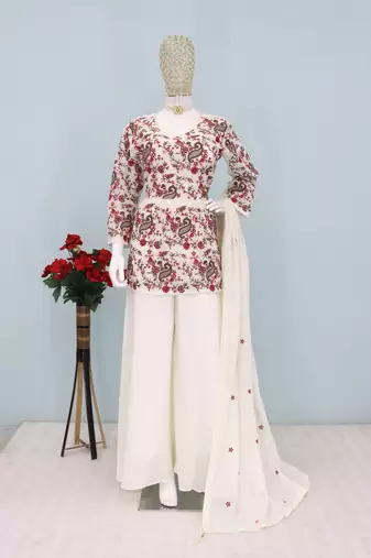 White embroidered chinon palazzo salwar suit