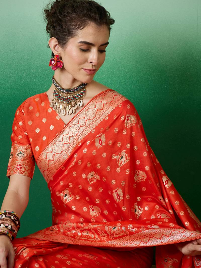 orange Banarasi Dola Cotton Saree with Blouse