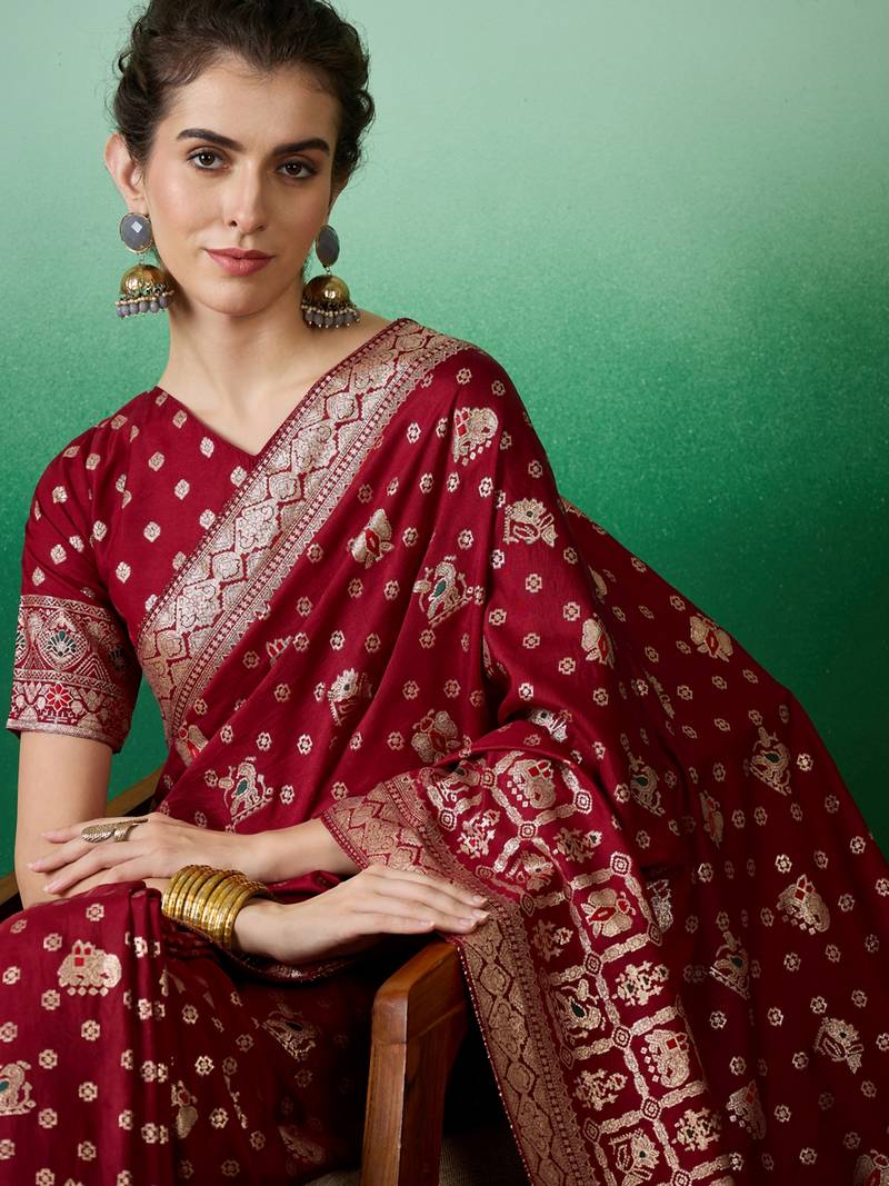 maroon Banarasi Dola Cotton Saree with Blouse