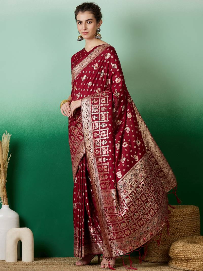 maroon Banarasi Dola Cotton Saree with Blouse