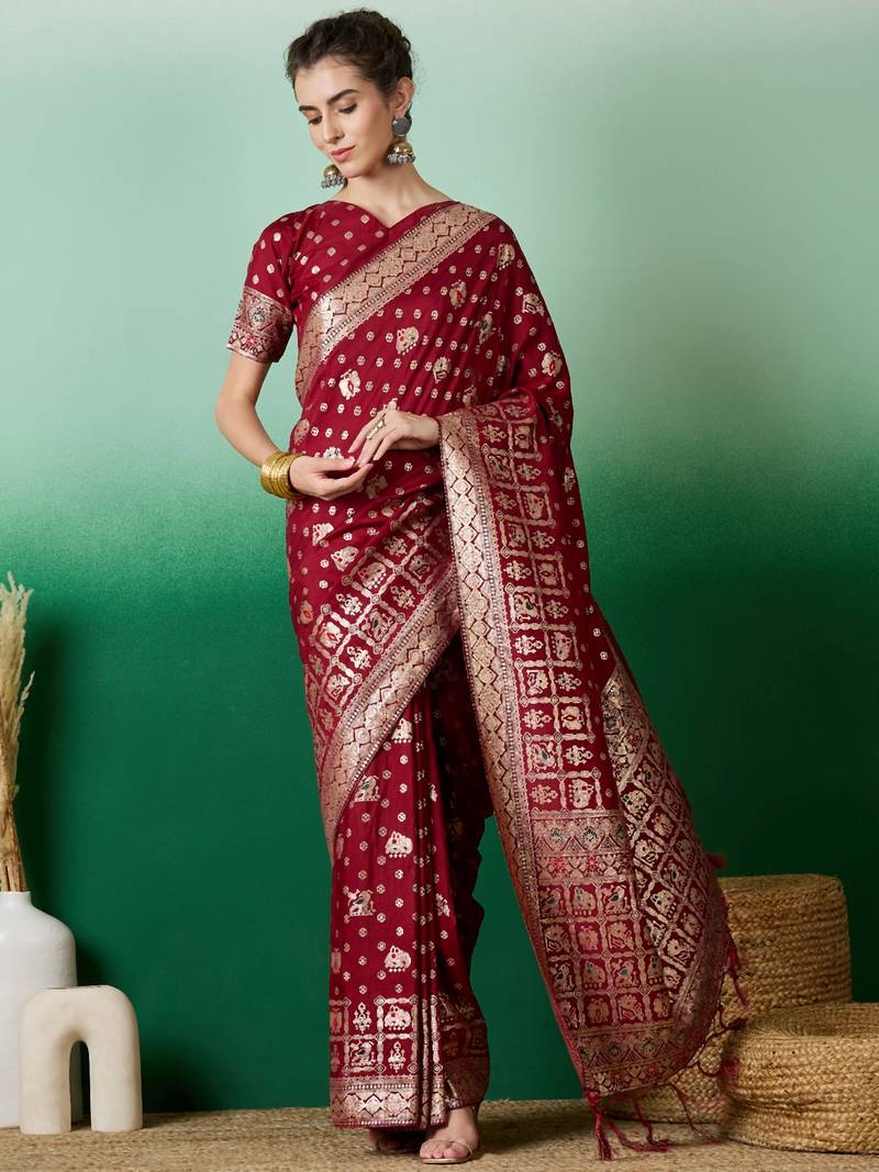 maroon Banarasi Dola Cotton Saree with Blouse