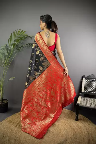 black silk blend butti zari weaving contrast weaving border banarasi saree