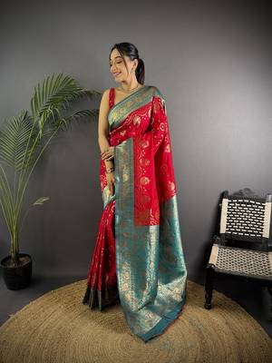 red silk blend butti zari weaving contrast weaving border banarasi saree 1