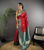 red silk blend butti zari weaving contrast weaving border banarasi saree