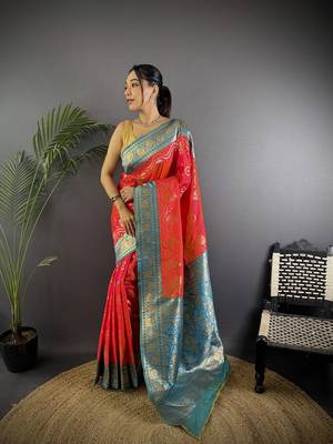 pink silk blend butti zari weaving contrast weaving border banarasi saree 1