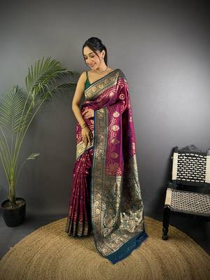 wine silk blend butti zari weaving contrast weaving border banarasi saree 1