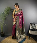 wine silk blend butti zari weaving contrast weaving border banarasi saree