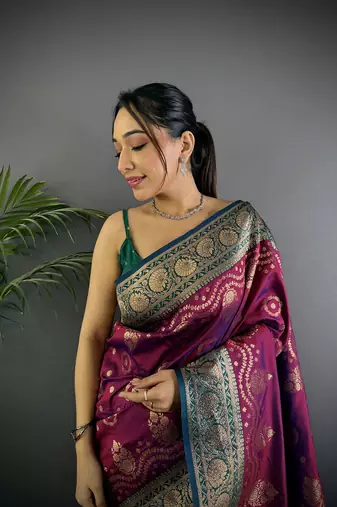 wine silk blend butti zari weaving contrast weaving border banarasi saree