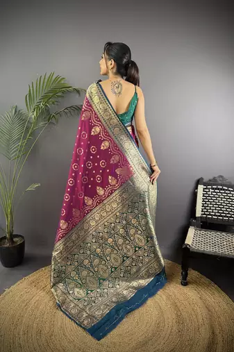 wine silk blend butti zari weaving contrast weaving border banarasi saree
