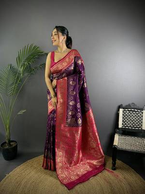 purple silk blend butti zari weaving contrast weaving border banarasi saree 1