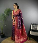 purple silk blend butti zari weaving contrast weaving border banarasi saree