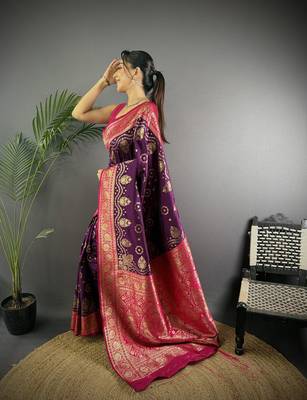 purple silk blend butti zari weaving contrast weaving border banarasi saree 2