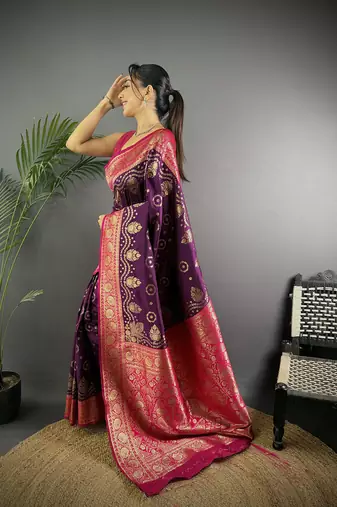 purple silk blend butti zari weaving contrast weaving border banarasi saree