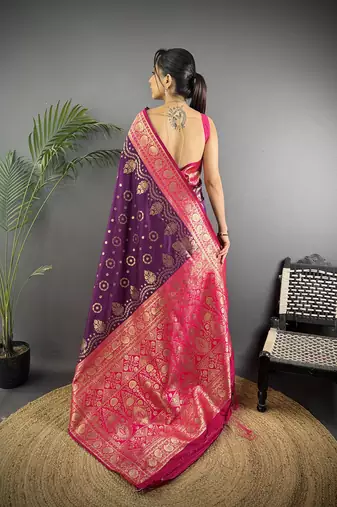 purple silk blend butti zari weaving contrast weaving border banarasi saree
