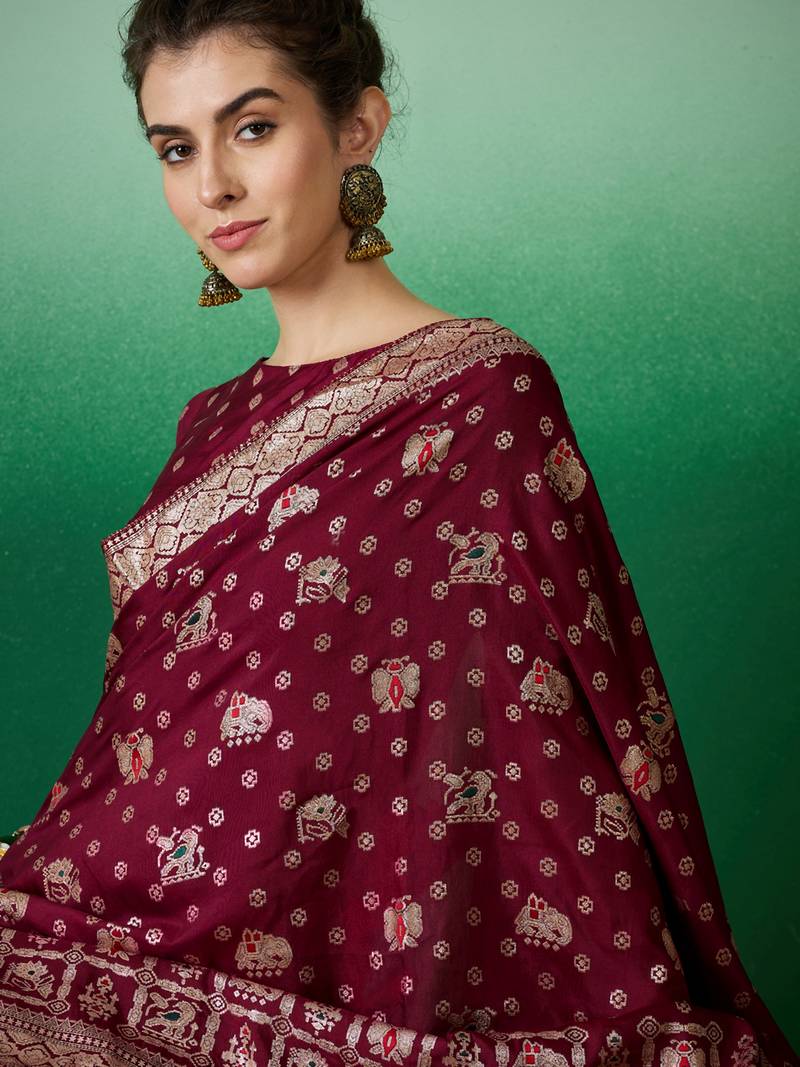 wine Banarasi Dola Cotton Saree with Blouse