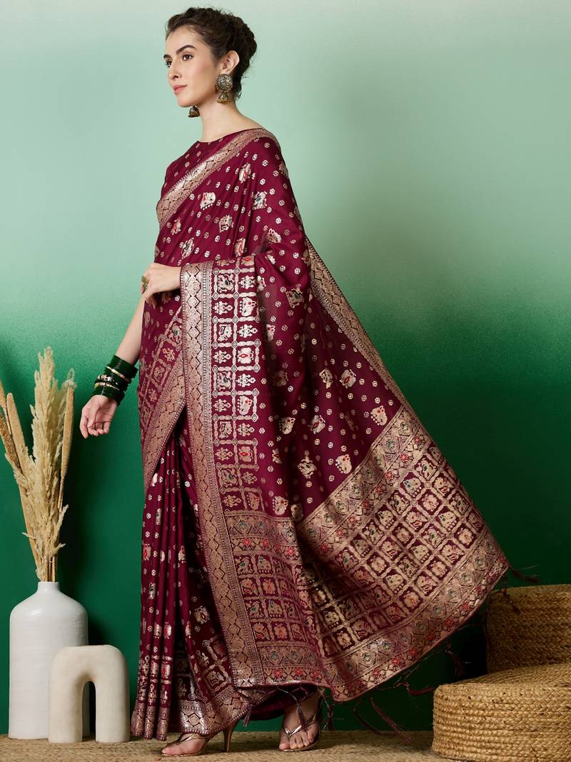 wine Banarasi Dola Cotton Saree with Blouse