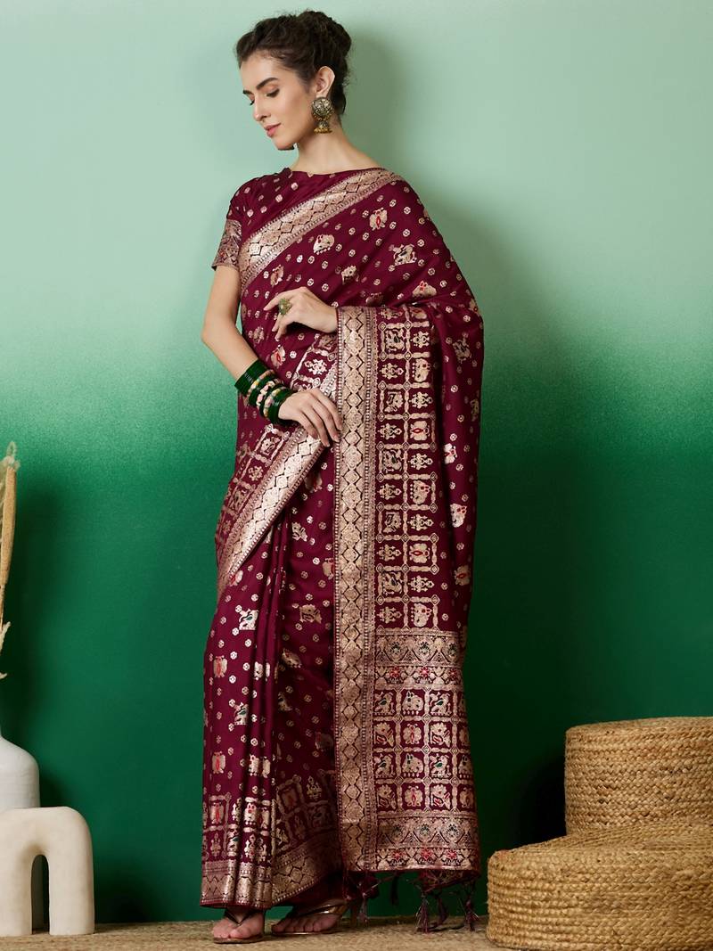 wine Banarasi Dola Cotton Saree with Blouse