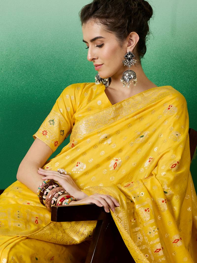 yellow Banarasi Dola Cotton Saree with Blouse